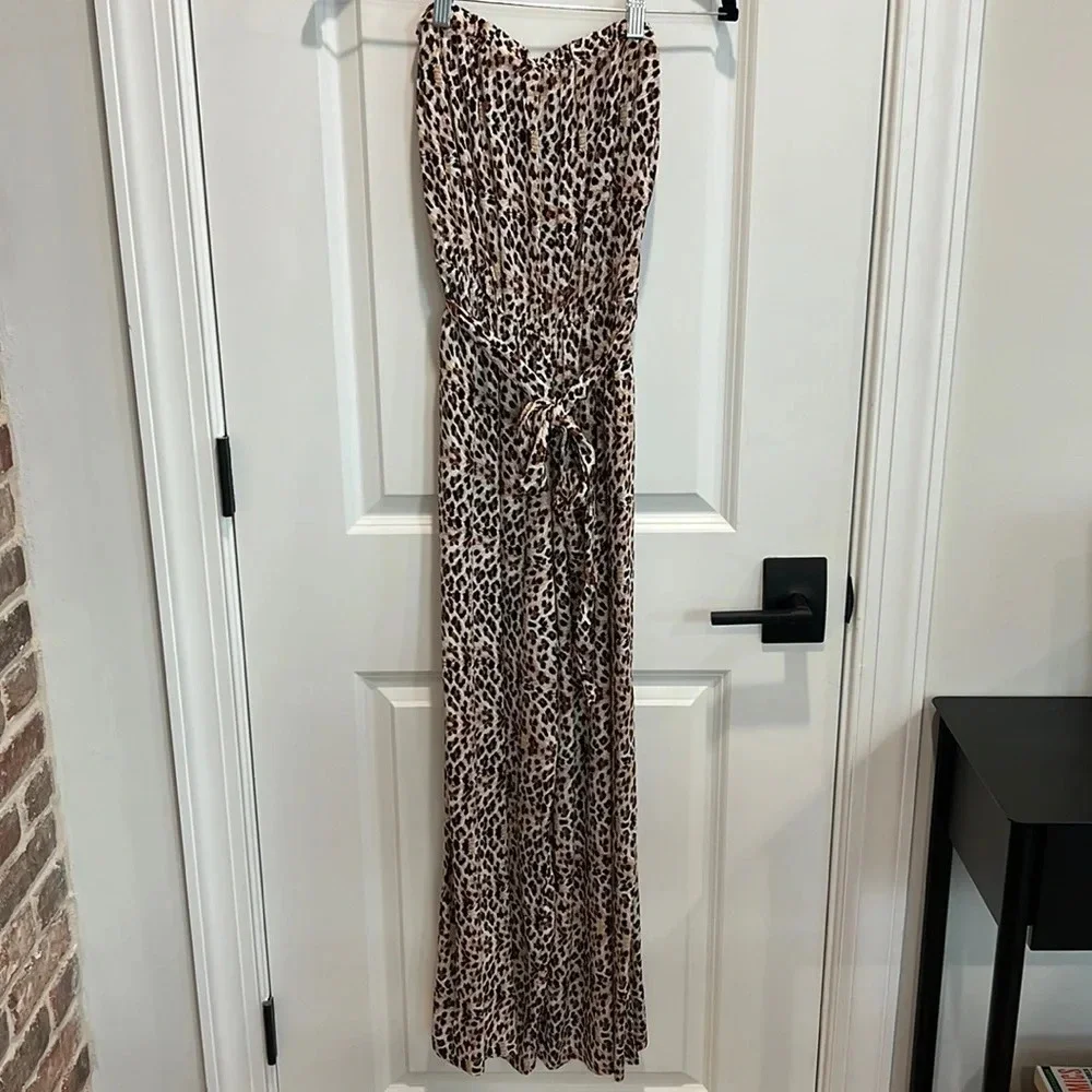 Leopard Print Wide Leg Jumpsuit Strapless Safari Summer Light Women’s Size Small - Picture 2 of 9